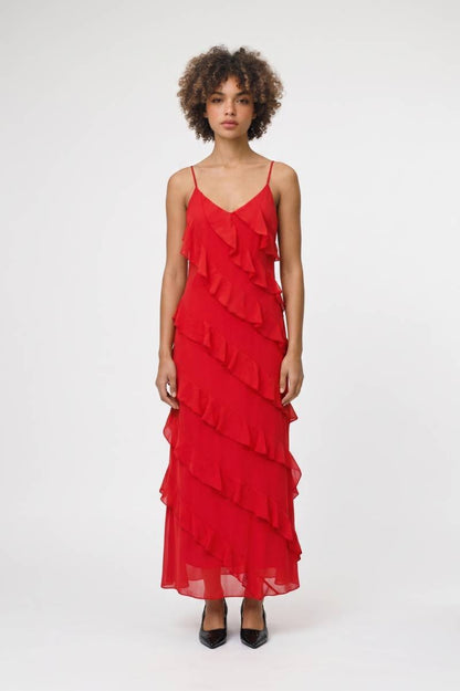 Maxi Jurk Dames - Ruffle Detail | V-hals met Spaghetti Bandjes — Rood