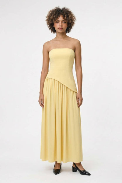 Maxi Jurk Dames - Strapless | Asymmetrische Overslag - Geel