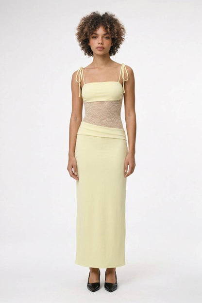 Maxi Jurk Dames - Strikbandjes | Kanten Middenpand & Getailleerd - Geel