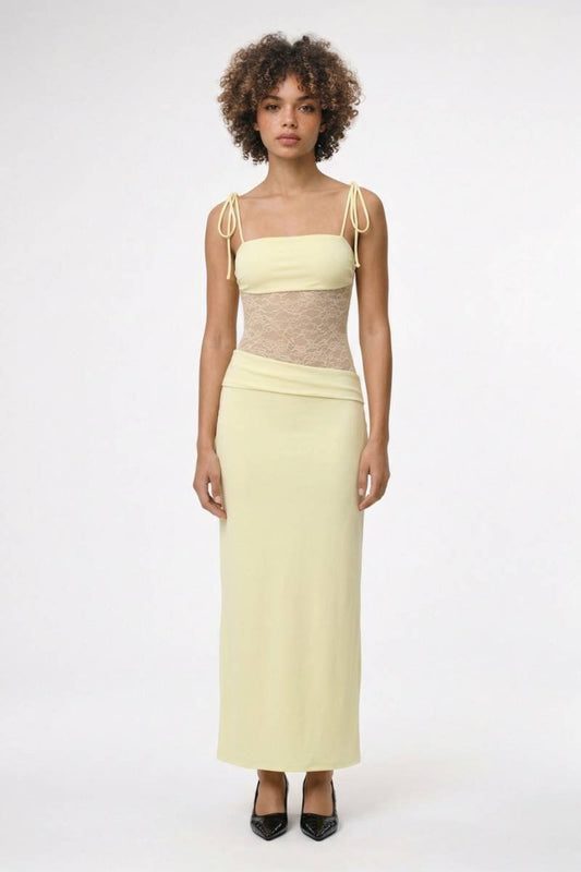 Maxi Jurk Dames - Strikbandjes | Kanten Middenpand & Getailleerd - Geel