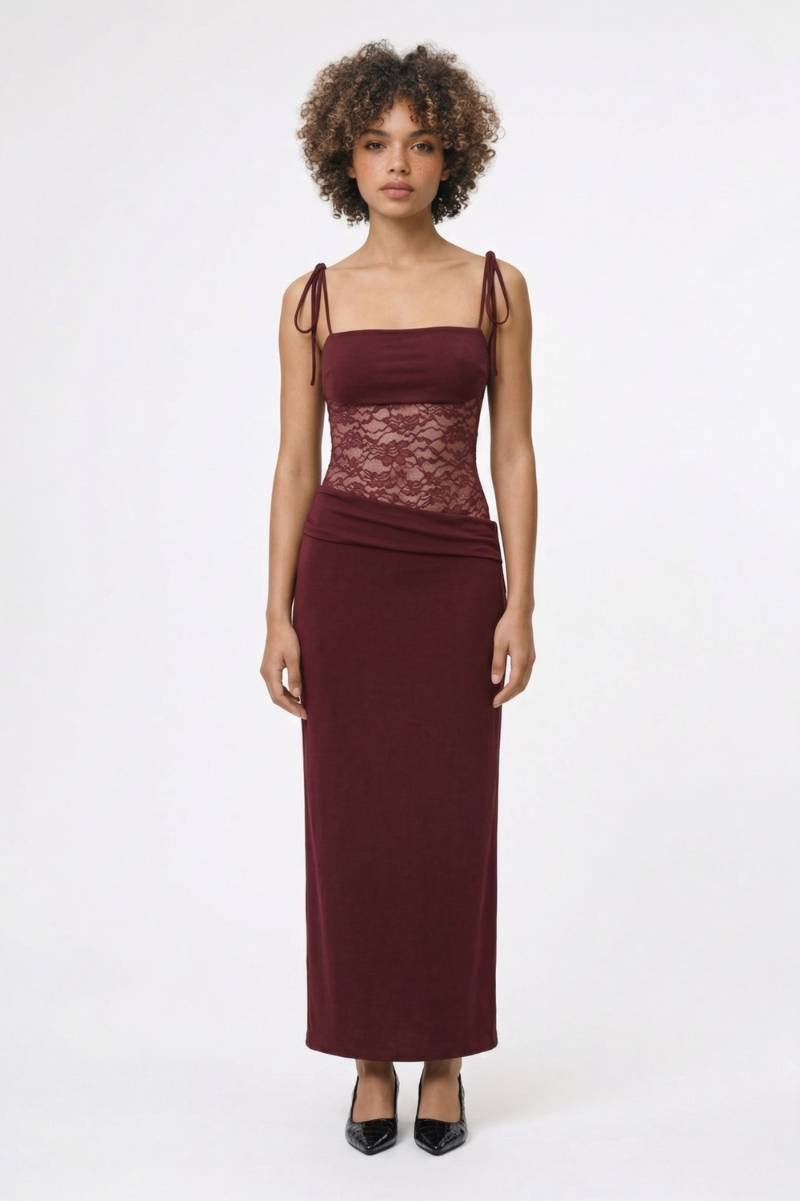 Maxi Jurk Dames - Strikbandjes | Kanten Middenpand & Getailleerd - Bordeaux