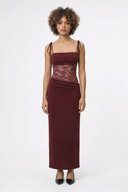 Maxi Jurk Dames - Strikbandjes | Kanten Middenpand & Getailleerd - Bordeaux