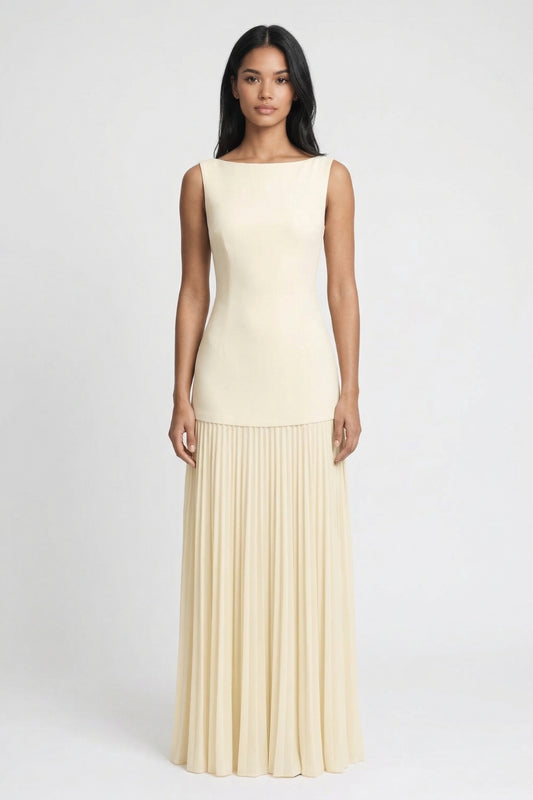 Maxi Jurk Dames - Bootnek met Geplisseerde Rok | Elegant Chique