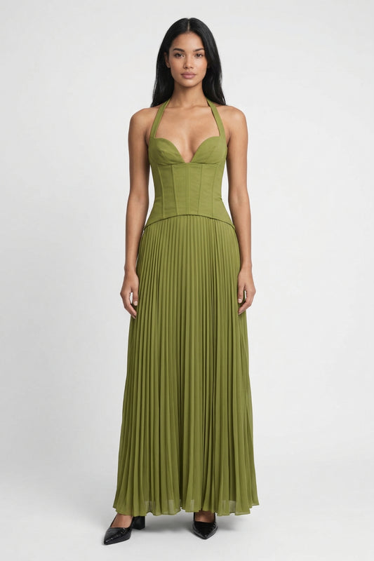 Maxi Jurk Dames - Corset Top met Geplisseerde Rok | Elegant Gala