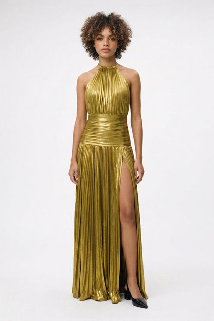 Maxi Jurk Dames - Halter Hals met Split en Geplisseerde Rok | Gala