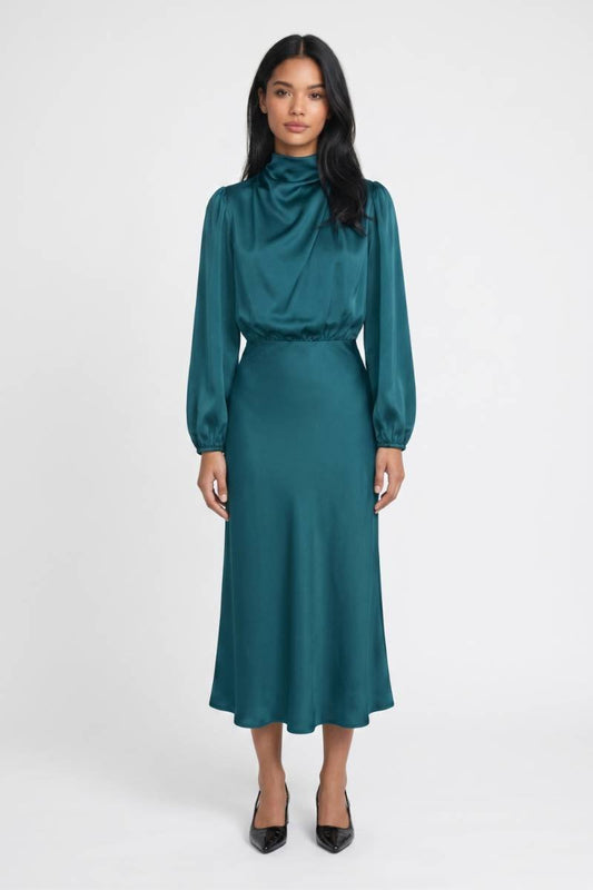 Midi Jurk Dames - Elegant | Ballonmouwen met Turtleneck — Turquoise