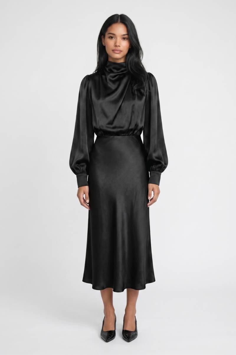 Midi Jurk Dames - Elegant | Ballonmouwen met Turtleneck — Zwart