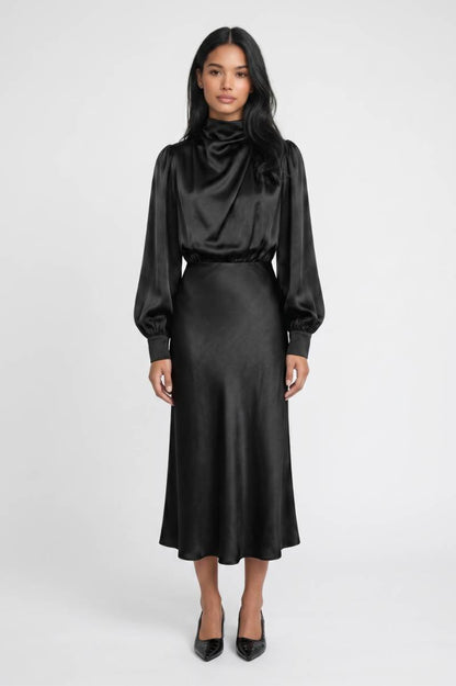 Midi Jurk Dames - Elegant | Ballonmouwen met Turtleneck — Zwart
