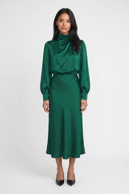 Midi Jurk Dames - Elegant | Ballonmouwen met Turtleneck — Groen
