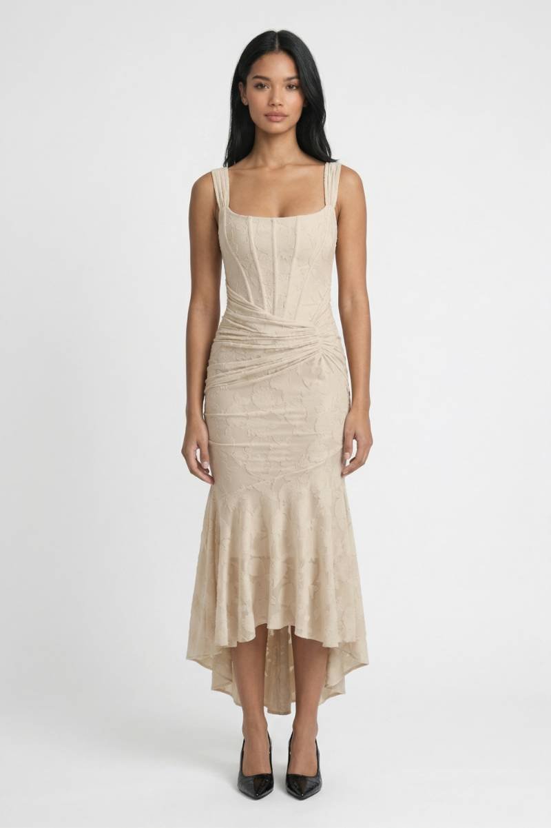 Midi Jurk Dames - Elegant | Geplooid & Asymmetrische Zoom - Beige