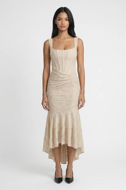 Midi Jurk Dames - Elegant | Geplooid & Asymmetrische Zoom - Beige