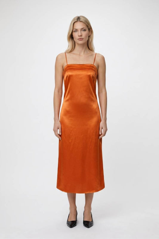 Midi Jurk Dames - Elegant | Open Rug met Dunne Bandjes — Oranje
