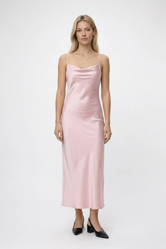 Midi Jurk Dames - Elegant | Spaghettibandjes & Glanzende Afwerking - Lichtroze