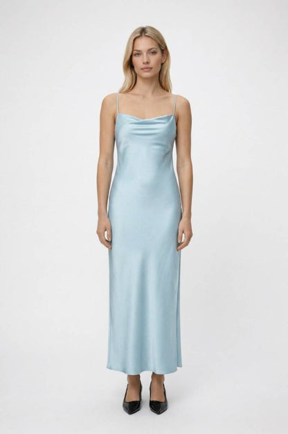 Midi Jurk Dames - Elegant | Spaghettibandjes & Glanzende Afwerking - Lichtblauw