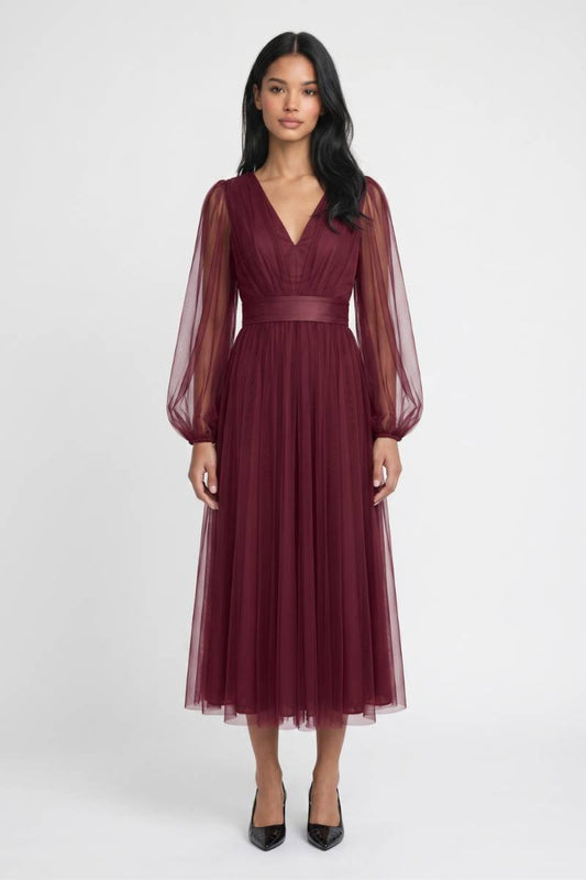 Midi Jurk Dames - Elegant | V-hals met Pofmouwen — Bordeaux