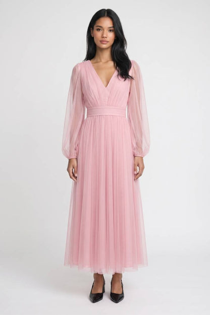 Midi Jurk Dames - Elegant | V-hals met Pofmouwen — Roze