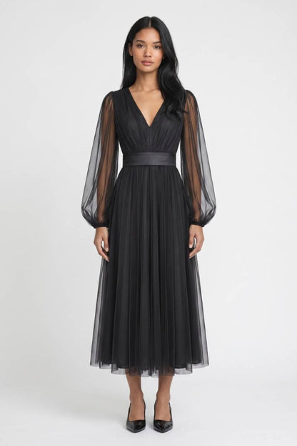 Midi Jurk Dames - Elegant | V-hals met Pofmouwen — Zwart
