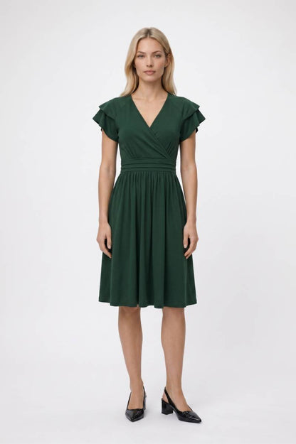 Midi Jurk Dames - Elegant | V-hals met Volant Mouwtjes — Groen
