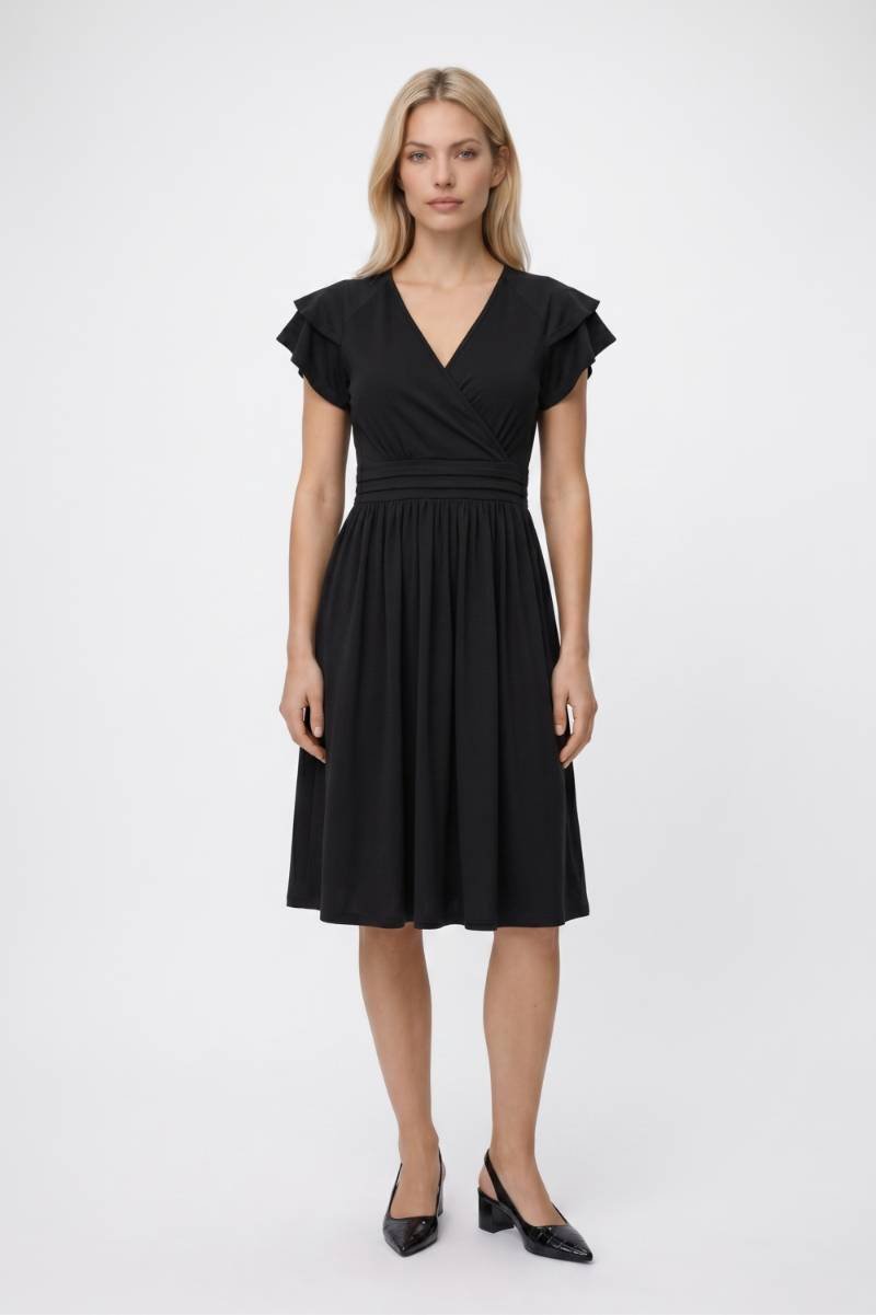 Midi Jurk Dames - Elegant | V-hals met Volant Mouwtjes — Zwart