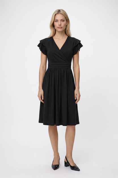 Midi Jurk Dames - Elegant | V-hals met Volant Mouwtjes — Zwart