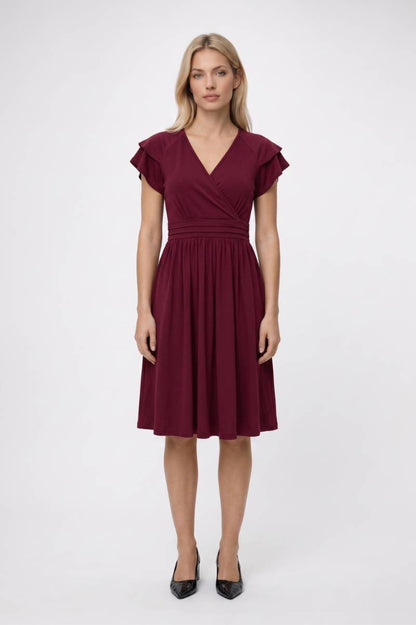 Midi Jurk Dames - Elegant | V-hals met Volant Mouwtjes — Wijnrood