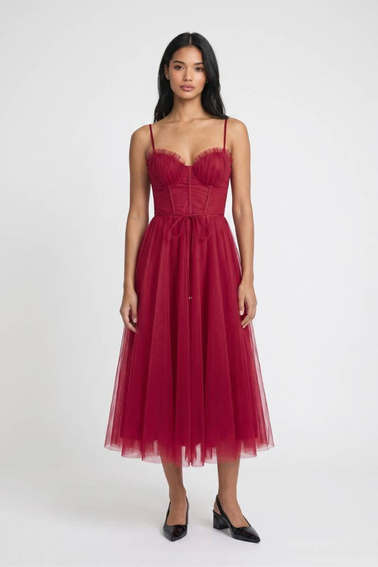 Midi Jurk Dames - Elegante | Strapless met Strikdetail — Rood
