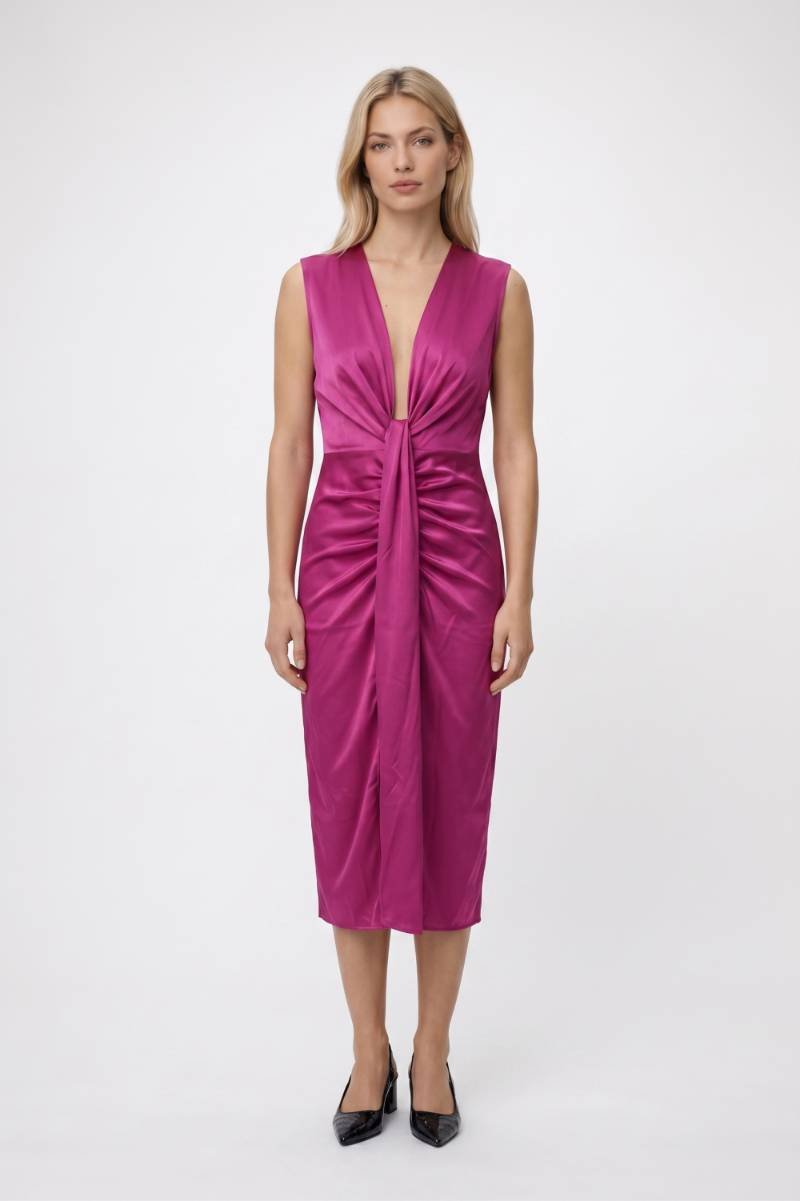Midi Jurk Dames - Gedrapeerd | Diepe V-hals met Geknoopt Detail