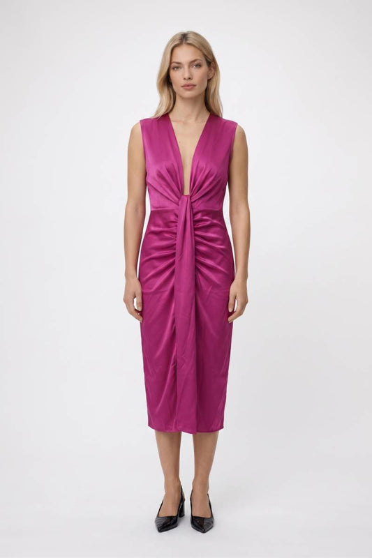 Midi Jurk Dames - Gedrapeerd | Diepe V-hals met Geknoopt Detail