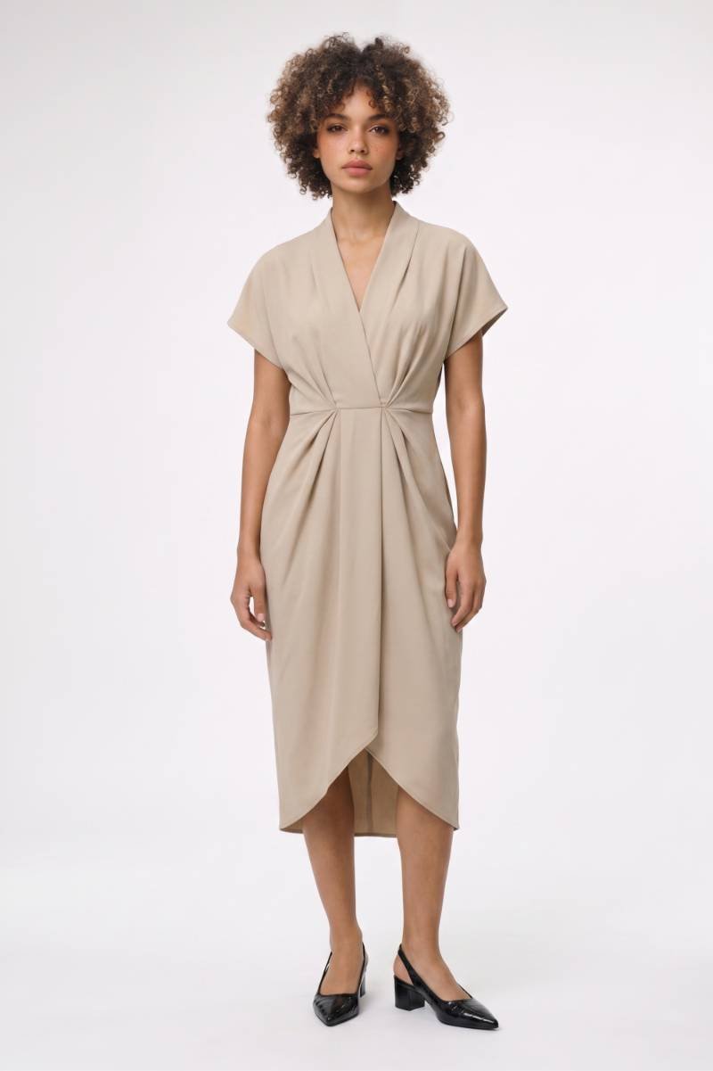 Midi Jurk Dames - Gedrapeerd | V-hals met Korte Mouwen — Beige