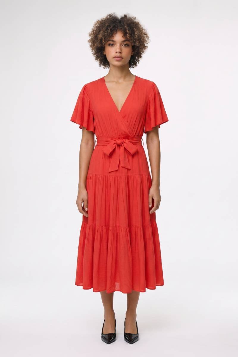 Midi Jurk Dames - Gelaagd | Wikkel Model met Strikceintuur — Rood