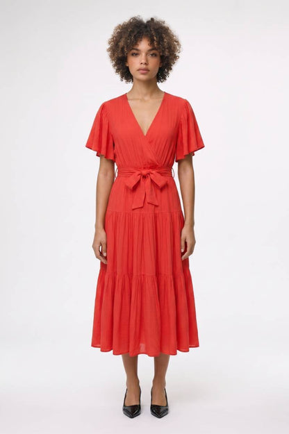 Midi Jurk Dames - Gelaagd | Wikkel Model met Strikceintuur — Rood