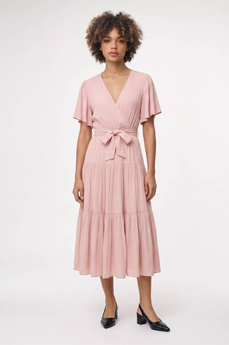 Midi Jurk Dames - Gelaagd | Wikkel Model met Strikceintuur — Lichtroze