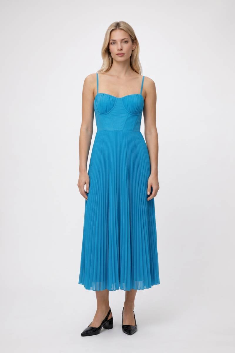 Midi Jurk Dames - Geplisseerd | Bandeau Top met Spaghetti Bandjes — Blauw