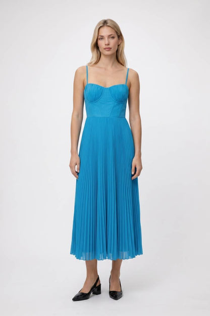 Midi Jurk Dames - Geplisseerd | Bandeau Top met Spaghetti Bandjes — Blauw