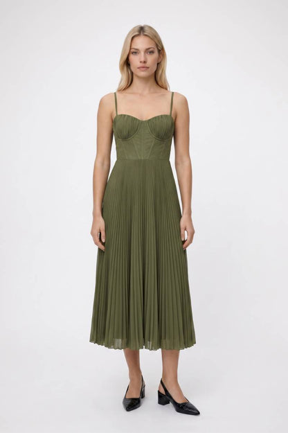 Midi Jurk Dames - Geplisseerd | Bandeau Top met Spaghetti Bandjes — Olijfgroen