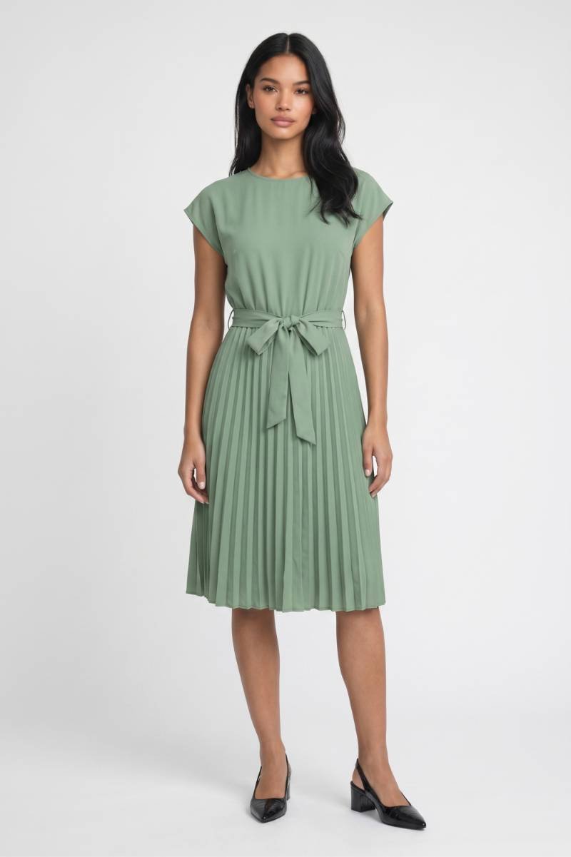 Midi Jurk Dames - Geplisseerd | Korte Mouwen met Ceintuur — Groen