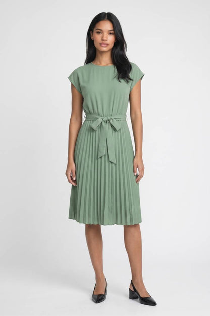Midi Jurk Dames - Geplisseerd | Korte Mouwen met Ceintuur — Groen
