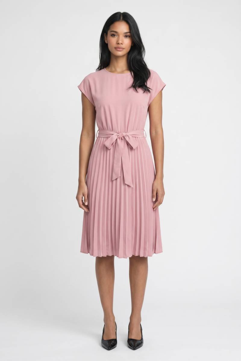Midi Jurk Dames - Geplisseerd | Korte Mouwen met Ceintuur — Roze