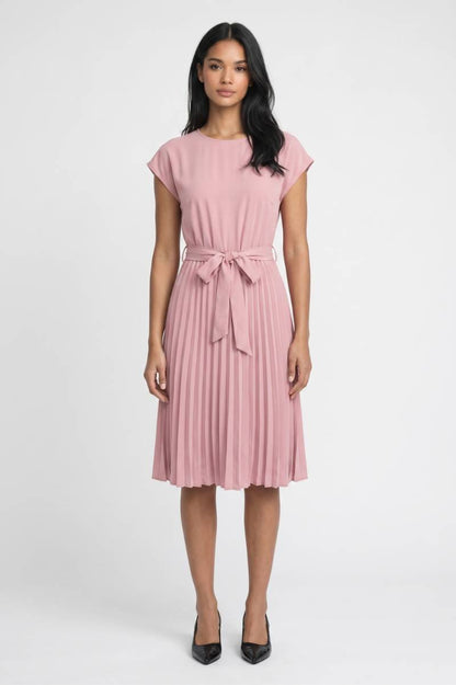 Midi Jurk Dames - Geplisseerd | Korte Mouwen met Ceintuur — Roze