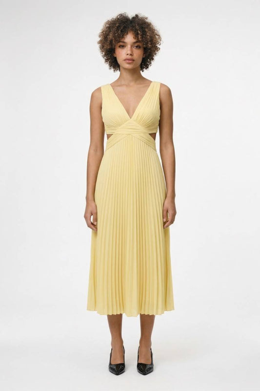 Midi Jurk Dames - Geplisseerd | V-Hals & Kruisdetail - Geel