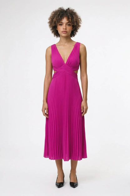 Midi Jurk Dames - Geplisseerd | V-Hals & Kruisdetail - Felroze