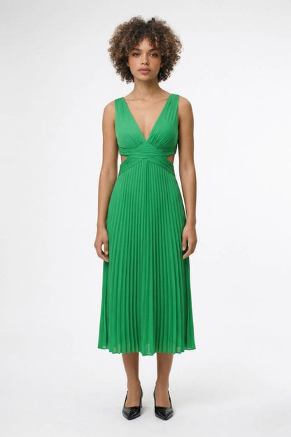 Midi Jurk Dames - Geplisseerd | V-Hals & Kruisdetail - Groen
