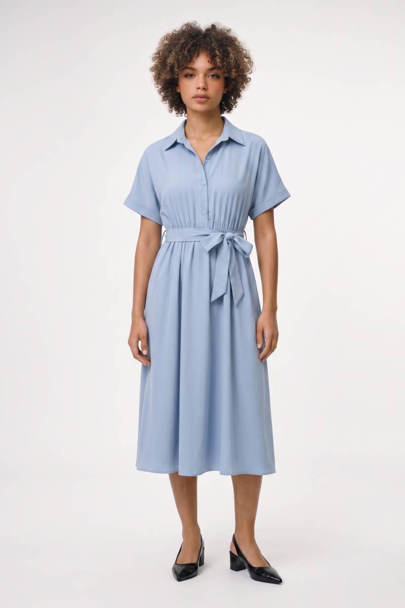 Midi Jurk Dames - Getailleerd | Korte Mouwen met Strikceintuur — Lichtblauw