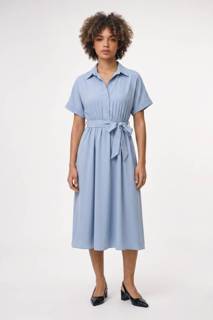 Midi Jurk Dames - Getailleerd | Korte Mouwen met Strikceintuur — Lichtblauw