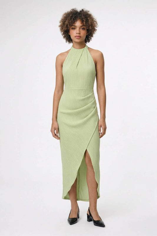 Midi Jurk Dames - Halter | Split Detail - Lichtgroen