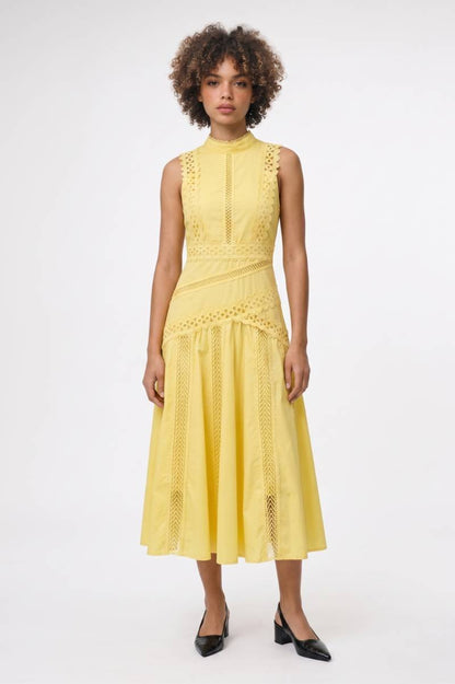 Midi Jurk Dames - Kant Details | Mouwloze A-Lijn met Rits — Geel