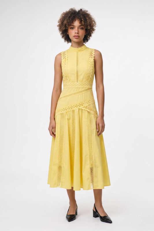 Midi Jurk Dames - Kant Details | Mouwloze A-Lijn met Rits — Geel