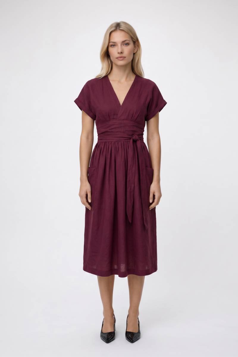 Midi Jurk Dames - Overslag V-hals | Strikceintuur Korte Mouwen — Bordeaux