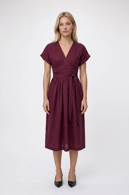 Midi Jurk Dames - Overslag V-hals | Strikceintuur Korte Mouwen — Bordeaux
