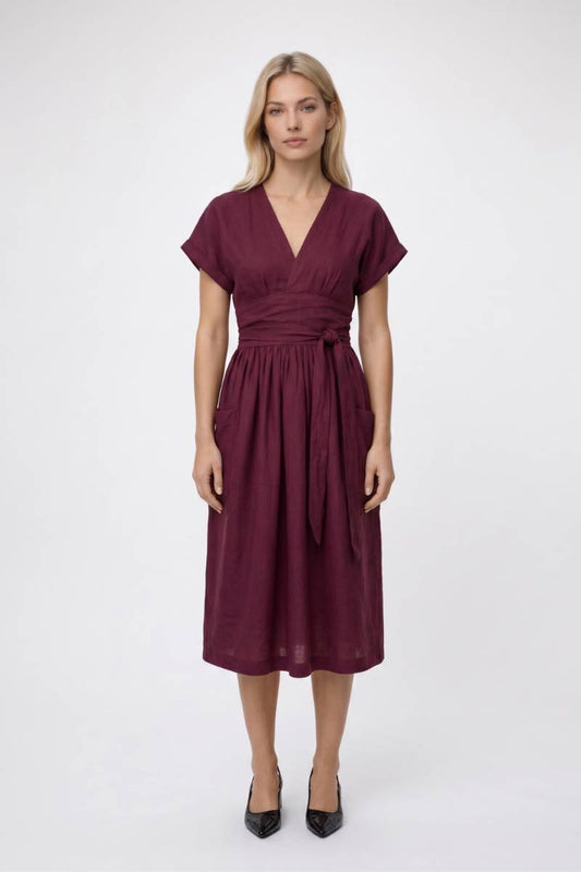 Midi Jurk Dames - Overslag V-hals | Strikceintuur Korte Mouwen — Bordeaux